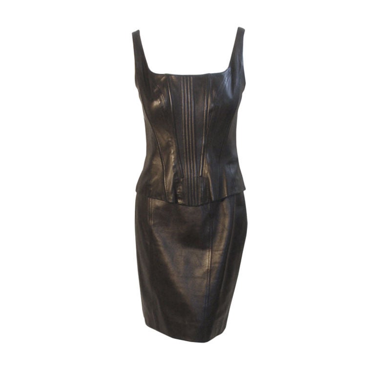 Chanel 2pc Black Leather Bustier and Mini Skirt, Circa 1990