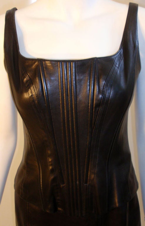 Chanel 2pc Black Leather Bustier and Mini Skirt, Circa 1990 4