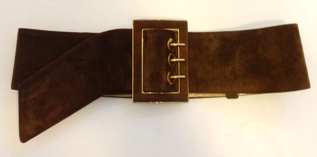 Judith Leiber Thick Brown Suede Belt W/Gold Hardware 4