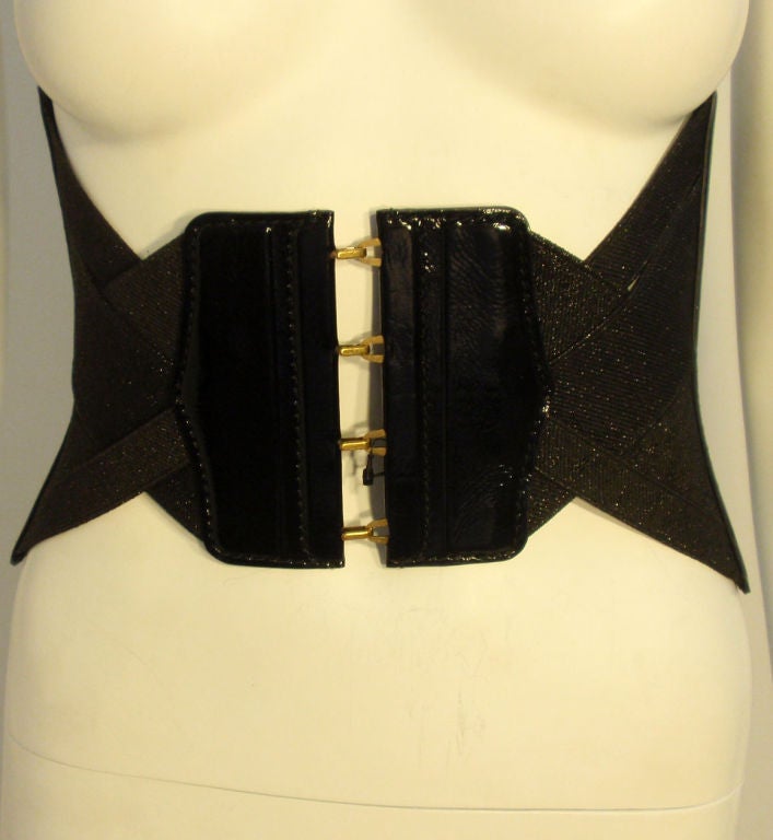 Yves St Laurent Black Bandage Corset Belt w/Patent Leather Trim xs In Excellent Condition In Los Angeles, CA