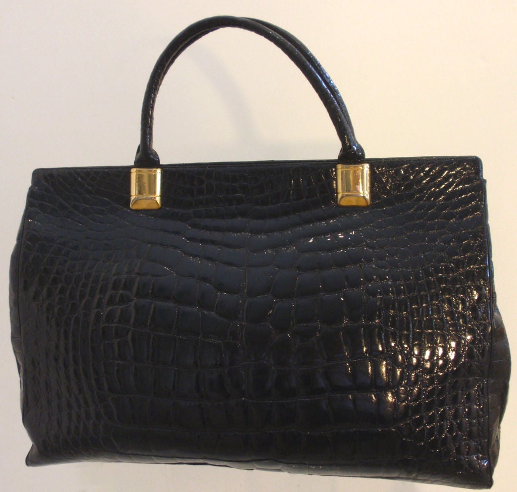 RARE, Judith Leiber Large Black Crocodile Handbag, 1970 1