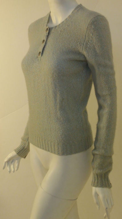 Women's Chanel 2004 Pale Blue Cashmere Sweater with Camellia Snap Closures 38