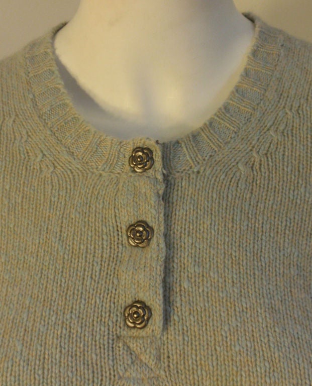 Chanel 2004 Pale Blue Cashmere Sweater with Camellia Snap Closures 38 3