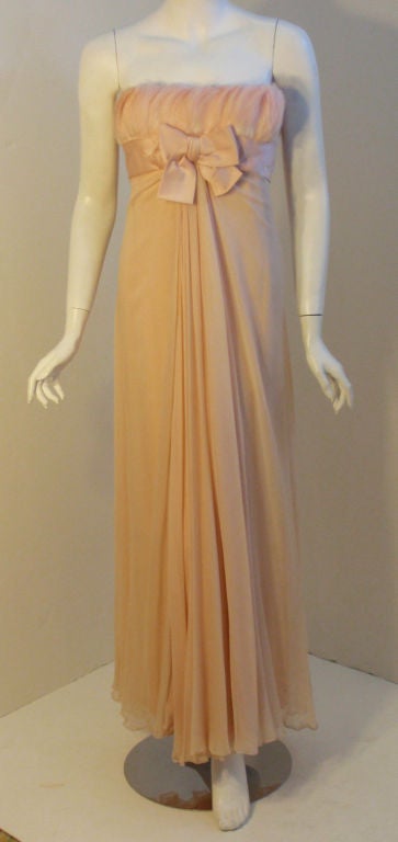 1960's Sarmi Pale Blush Pink Peach Chiffon Gown with Feather Bust & Bow Detail For Sale 2