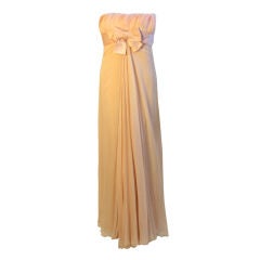 1960's Sarmi Pale Blush Pink Peach Chiffon Gown with Feather Bust & Bow Detail 10