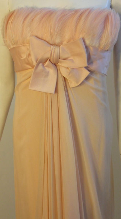 Beige 1960's Sarmi Pale Blush Pink Peach Chiffon Gown with Feather Bust & Bow Detail For Sale