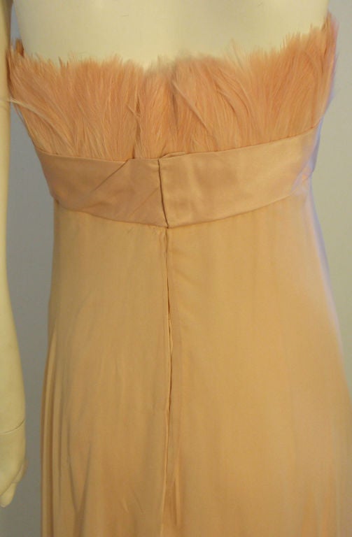 Women's 1960's Sarmi Pale Blush Pink Peach Chiffon Gown with Feather Bust & Bow Detail For Sale