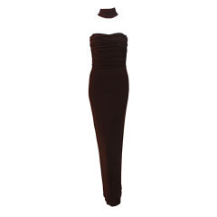 Halston Dark Brown Reverse Halter Backless Evening Gown