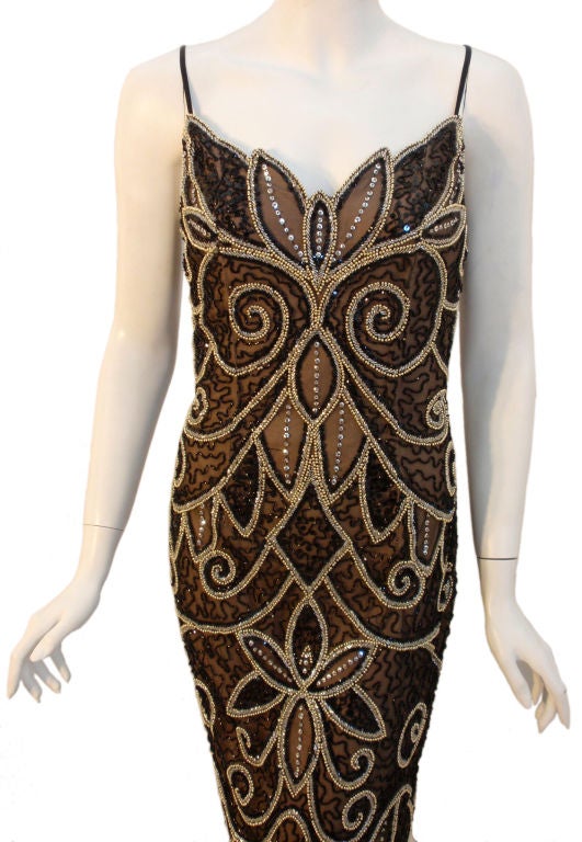 Bob Mackie Deco Style Black and Gold Long Beaded Gown, Circa 1980's 3
