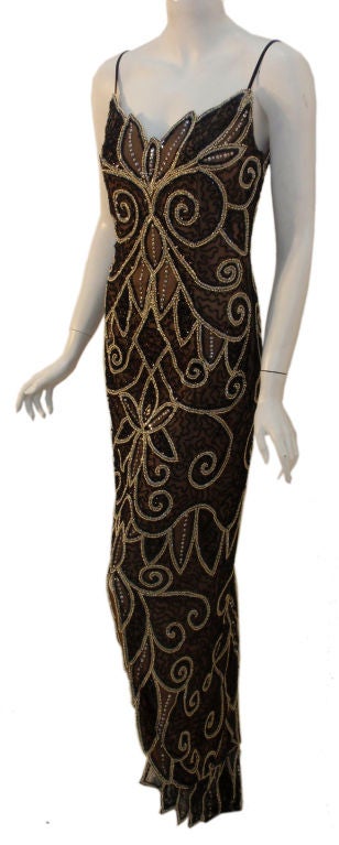 Bob Mackie Deco Style Black and Gold Long Beaded Gown, Circa 1980's In Excellent Condition In Los Angeles, CA