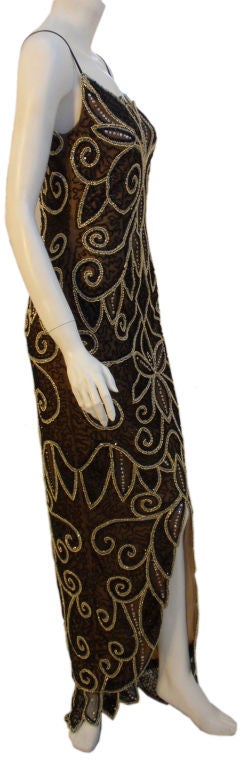 Women's Bob Mackie Deco Style Black and Gold Long Beaded Gown, Circa 1980's