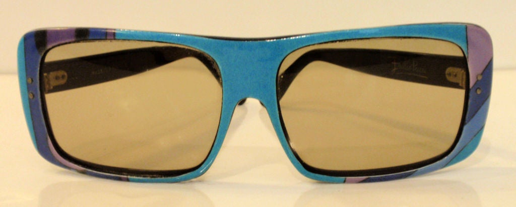 Emilio Pucci Blue Purple Aqua Mod Square Signature Print Sunglasses, 1960's In Excellent Condition For Sale In Los Angeles, CA