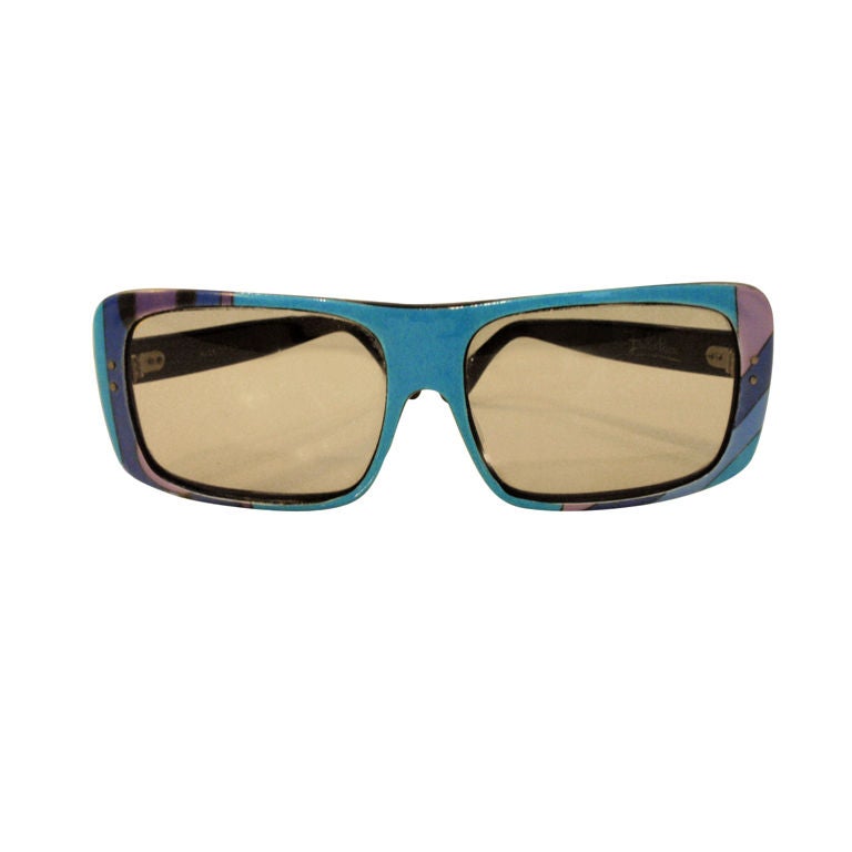 Emilio Pucci Blau-lila-Aqua Mod-Sonnenbrille mit quadratischem Signaturdruck, 1960er Jahre im Angebot
