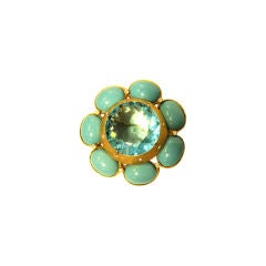 Brania Vintage Turquoise Blue Gold Tone Flower Pin, Circa 1960's 8