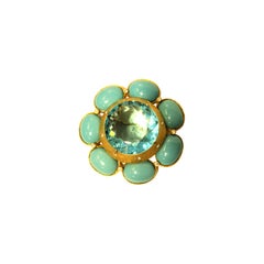 Brania Vintage Turquoise Blue Gold Tone Flower Pin, Circa 1960's