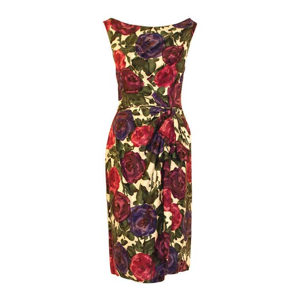 Ceil Chapman Violet Cotton Floral Print Wiggle Dress, Circa 1950's For ...