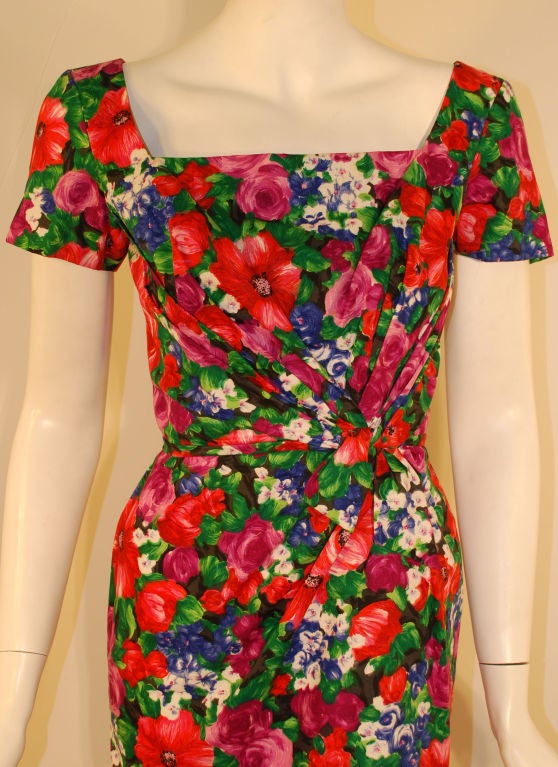 Ceil Chapman Floral Print Polished Cotton Twist Waist Dress, Circa 1950's 1