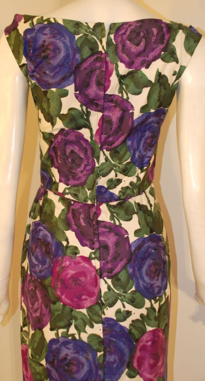 Women's Ceil Chapman Violet Cotton Floral Print Wiggle Dress, Circa 1950's For Sale