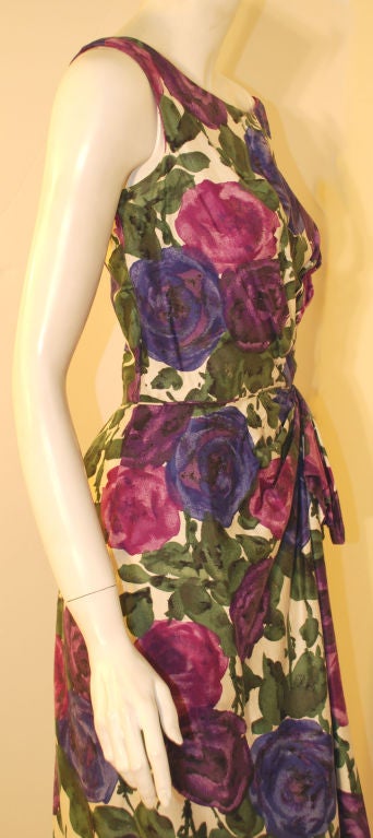 Ceil Chapman Violet Cotton Floral Print Wiggle Dress, Circa 1950's For Sale 1