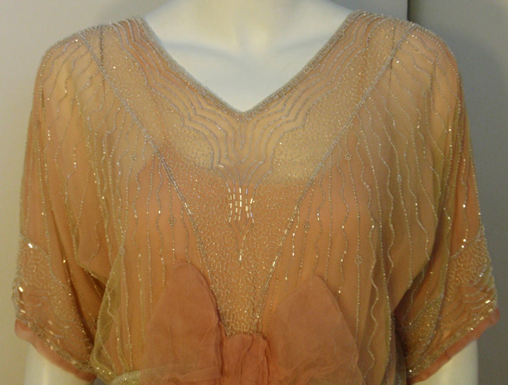 1920s Pale Yellow French Net Beaded Jacket with Pink silk chiffon gown For Sale 4