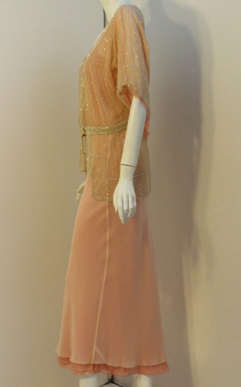 Brown 1920s Pale Yellow French Net Beaded Jacket with Pink silk chiffon gown For Sale