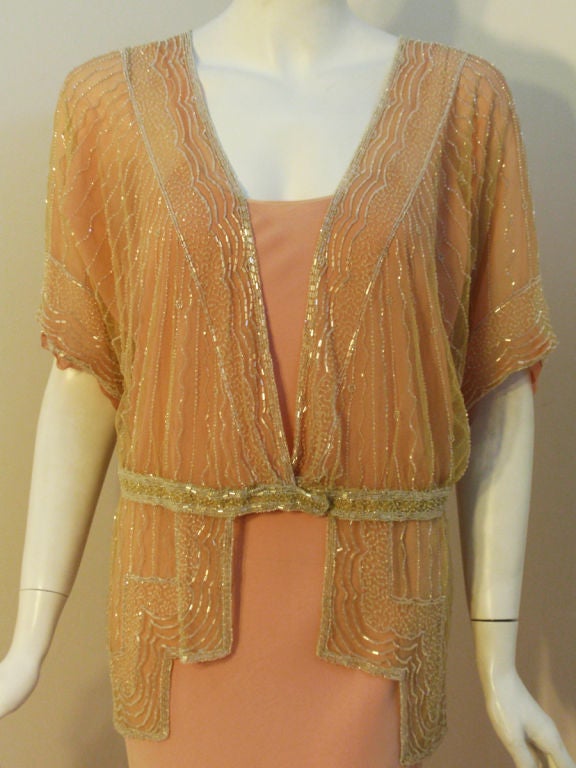 1920s Pale Yellow French Net Beaded Jacket with Pink silk chiffon gown In Excellent Condition For Sale In Los Angeles, CA