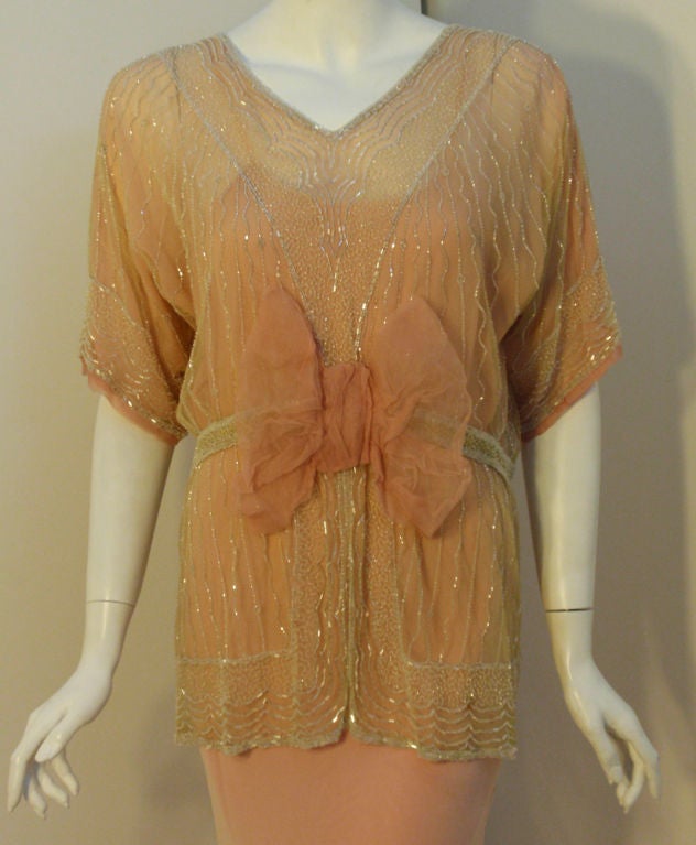 Women's 1920s Pale Yellow French Net Beaded Jacket with Pink silk chiffon gown For Sale