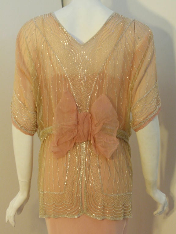 1920s Pale Yellow French Net Beaded Jacket with Pink silk chiffon gown For Sale 1