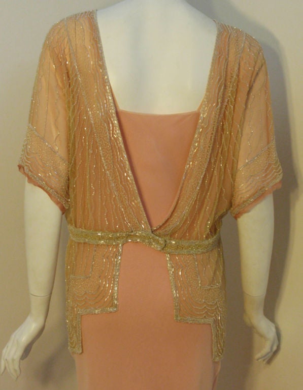 1920s Pale Yellow French Net Beaded Jacket with Pink silk chiffon gown For Sale 2