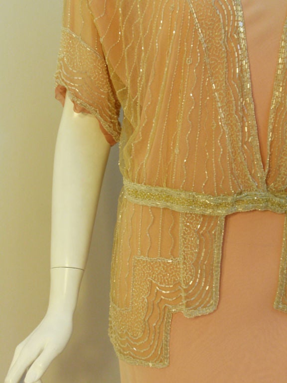 1920s Pale Yellow French Net Beaded Jacket with Pink silk chiffon gown For Sale 3