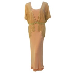 1920s Pale Yellow French Net Beaded Jacket with Pink silk chiffon gown