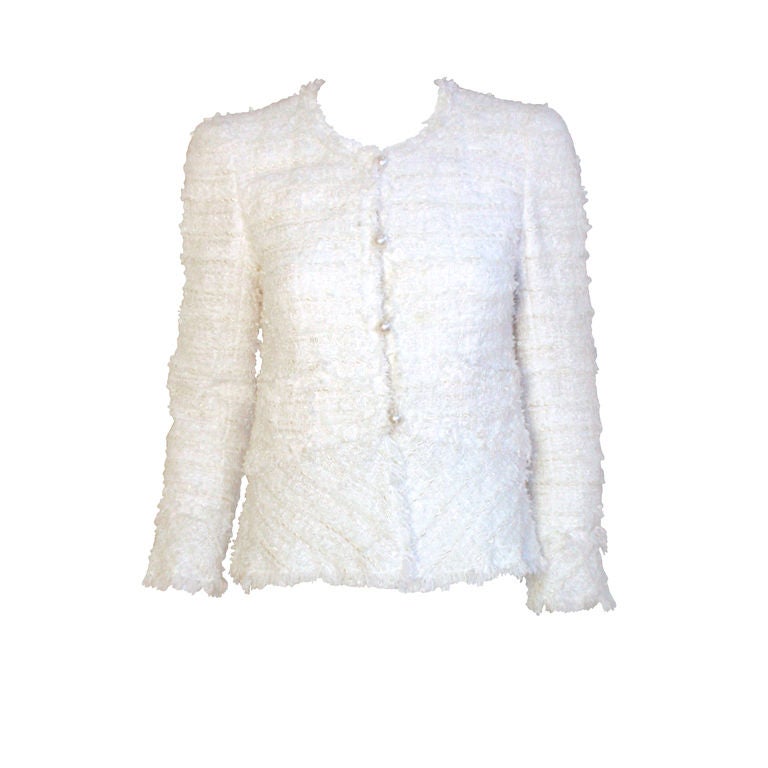 Chanel White Jacket w/Pearl Logo Buttons and Sequins at 1stDibs  chanel  jacket white, chanel white tweed blazer, white chanel blazer