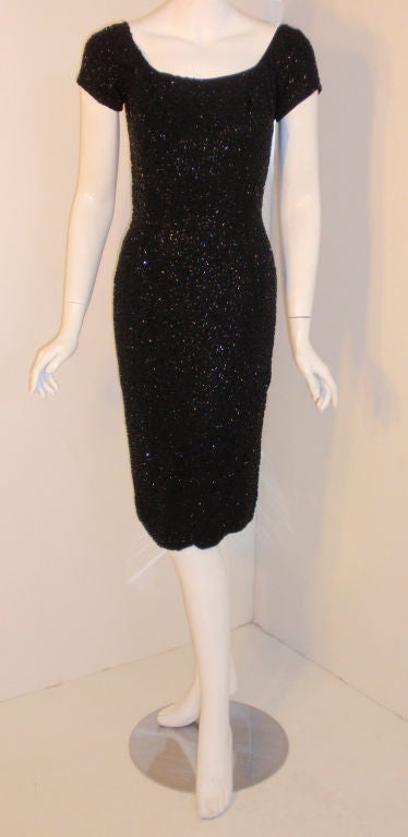 Ceil Chapman Black Hand Beaded Cocktail Dress, 1960's For Sale 6