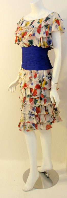 Valentino Couture Floral Silk Ruffle Cocktail Dress, Circa 1980's In Excellent Condition In Los Angeles, CA