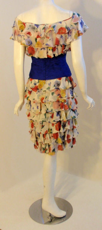 Women's Valentino Couture Floral Silk Ruffle Cocktail Dress, Circa 1980's