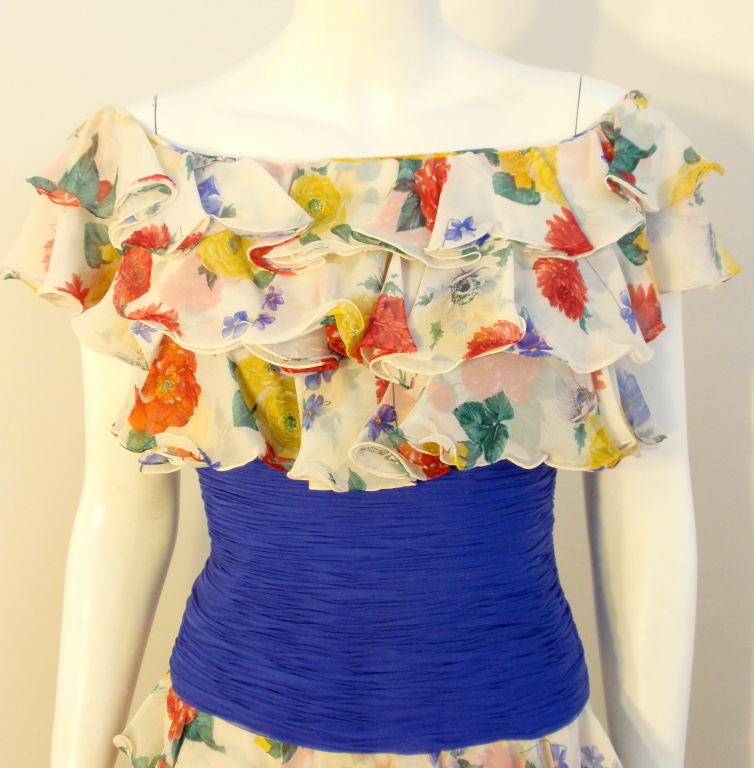 Valentino Couture Floral Silk Ruffle Cocktail Dress, Circa 1980's 1