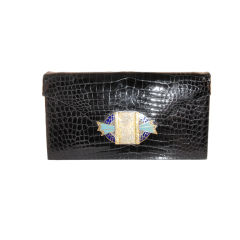 L.Jeunesis Black Alligator Clutch, Circa 1970