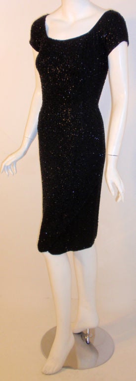 Ceil Chapman Black Hand Beaded Cocktail Dress, 1960's In Excellent Condition For Sale In Los Angeles, CA