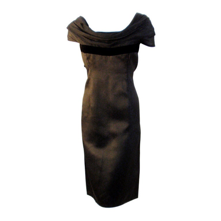 Pierre Balmain Couture Black Satin Cocktail Dress, 1960's For Sale