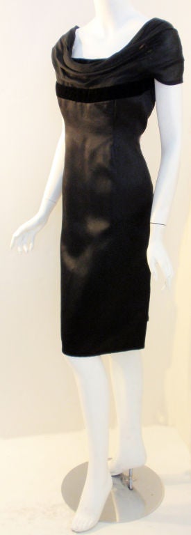 Women's Pierre Balmain Couture Black Satin Cocktail Dress, 1960's For Sale