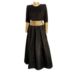 Retro Valentino Long Black Silk Crepe Gown w/Gold detail, Circa 1980