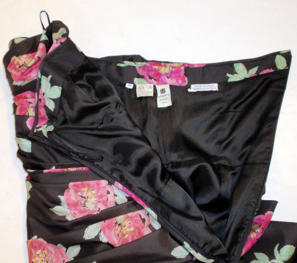 Emanuel Ungaro Black & Pink Silk Floral Strapless Evening Gown, 1980s 6