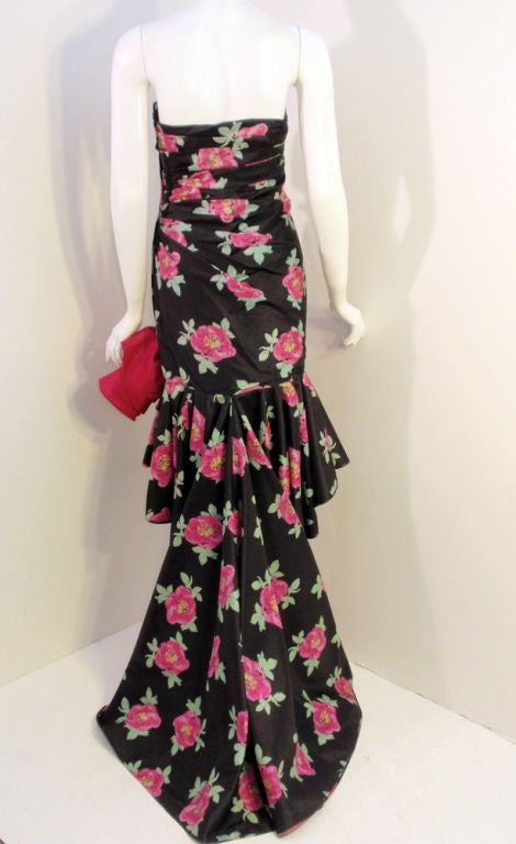 Women's Emanuel Ungaro Black & Pink Silk Floral Strapless Evening Gown, 1980s