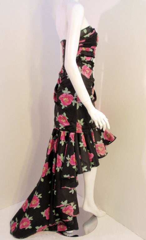 Emanuel Ungaro Black & Pink Silk Floral Strapless Evening Gown, 1980s 1