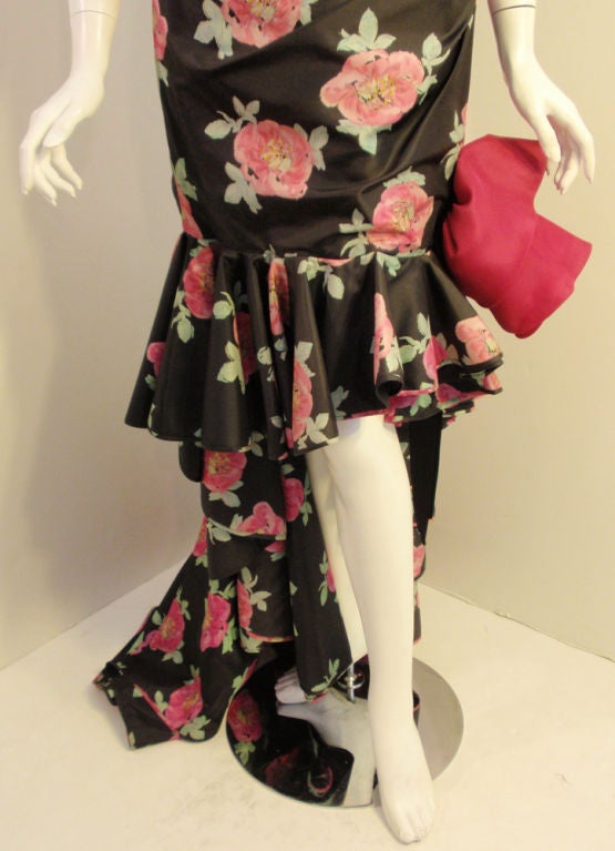 Emanuel Ungaro Black & Pink Silk Floral Strapless Evening Gown, 1980s 2