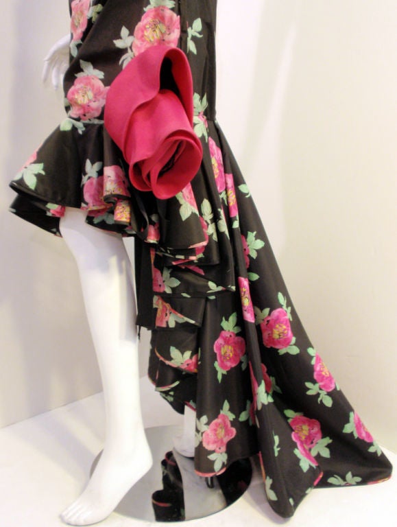 Emanuel Ungaro Black & Pink Silk Floral Strapless Evening Gown, 1980s 3