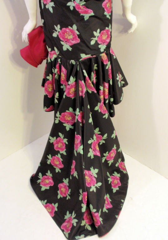 Emanuel Ungaro Black & Pink Silk Floral Strapless Evening Gown, 1980s 4