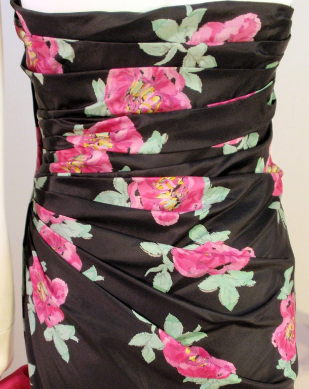 Emanuel Ungaro Black & Pink Silk Floral Strapless Evening Gown, 1980s 5