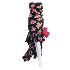 Emanuel Ungaro Black & Pink Silk Floral Strapless Evening Gown, 1980s