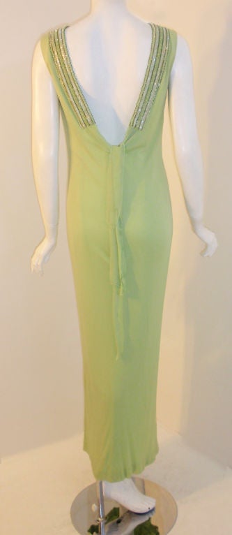 Brown Helen Rose Lite Green Gown with Beaded Neckline & V Back, Circa 1960's For Sale